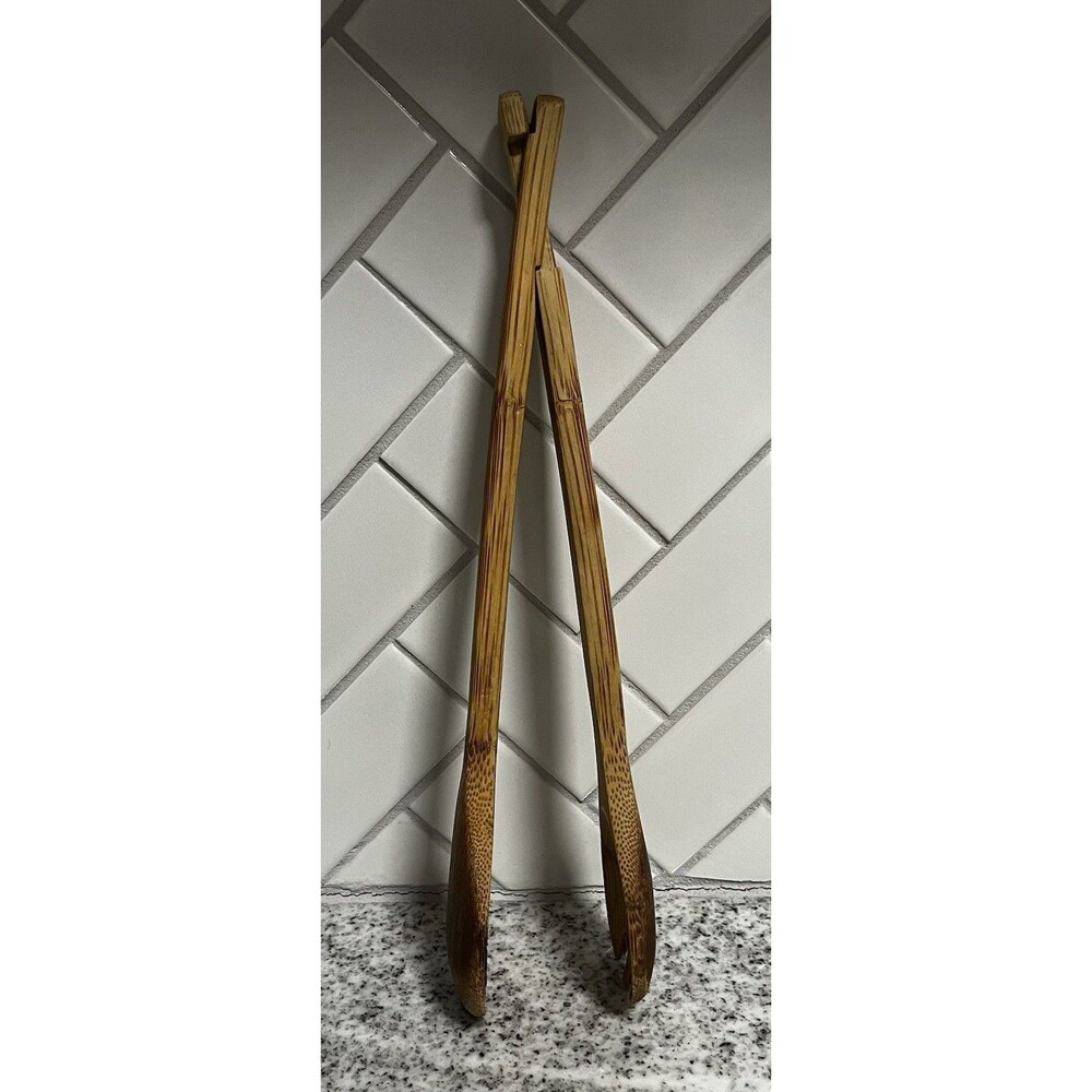 Pampered Chef Bamboo Salad Server Tongs Wooden Spoon Fork Serving Utensil Set